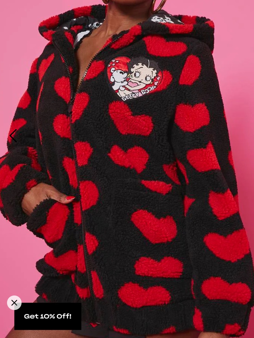 Betty Boop Black Sherpa Jacket with Red Heart Pattern